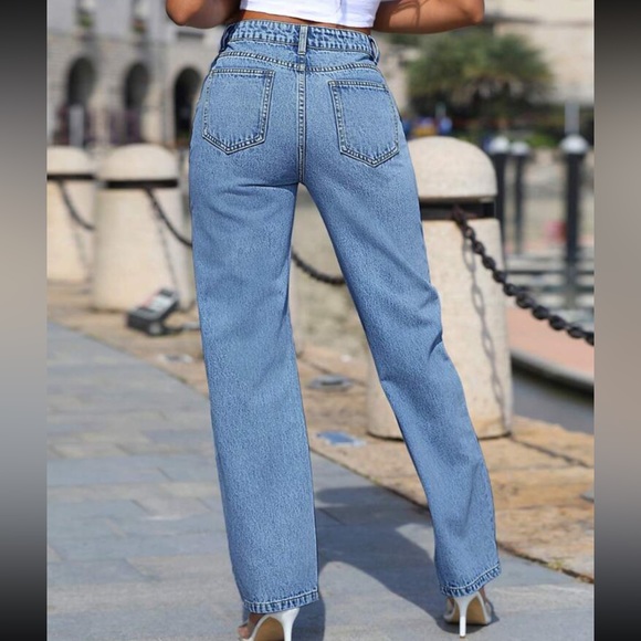 Medium wash Rhinestone & studs Straight Leg denim high waisted embellished Jeans - Picture 2 of 4